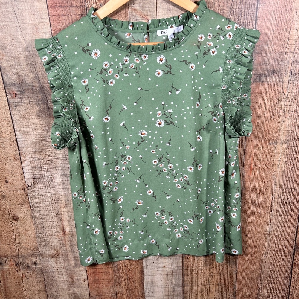 DR2 Sage Green Floral Daisy Ruffle Cap Sleeve Blouse Daisy Polka Dots Large
